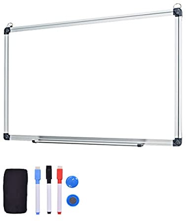 GIANTEX Lavagna Magnetica Bianca Cancellabile da Parete con Cornice in Alluminio, Vassoio Portapenne Rimovibile, Pennarelli e Cancellino (90 x 60cm)