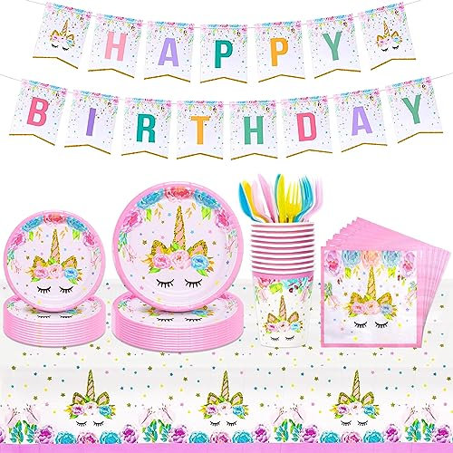 114Pcs Vajilla de Unicornio para Cumpleaños - Decoración para 16 Invitados - Incluye Pancarta, Servilletas, Platos, Tazas, Cubiertos y Mantel