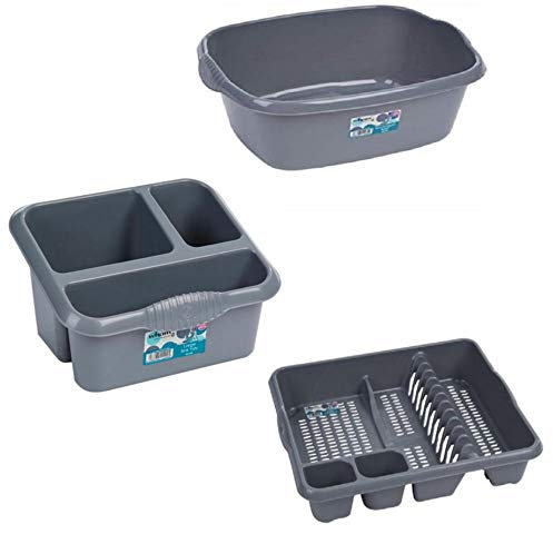 Plastic Large Kitchen Sink Set of 3 Rectangular Washing Up Bowl, Sink Tidy and Large Dish Drainer (Silver/Grey)