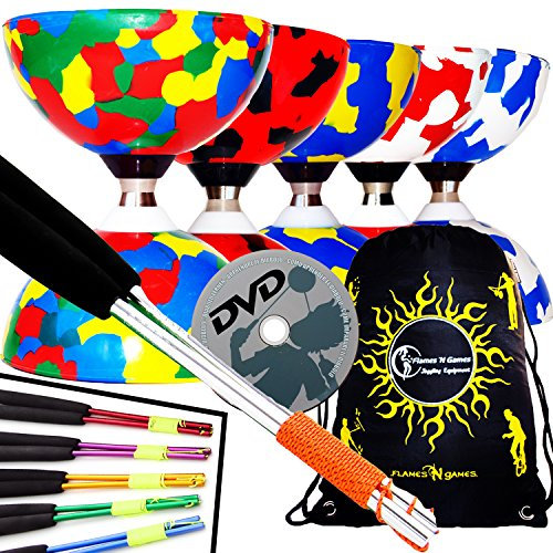 Juggle Dream Jester Pro Diabolo, Kugellager, Aluminiumstäbe und Schnur, inkl. Transporttasche, Schwarz/Rot/Blau