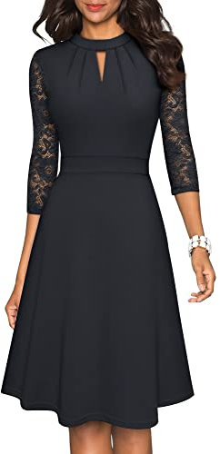 HOMEYEE Women's Elegant Hollow Out Lace Sleeve Swing Pleated Party Cocktail Dress A234 (XL, Black)