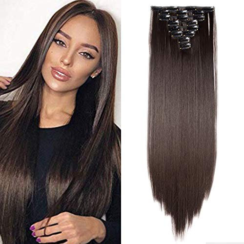 SEGO Clip in Extensions Haarverlängerung Haarteil 8 Tresssen wie Echthaar glatt Dunkelbraun-1 66 cm