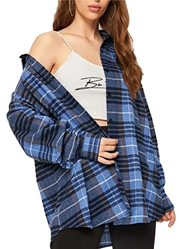 Zontroldy Chemise à Carreaux en Flanelle pour Femme - Manches Longues - Boutonnée - Chemisier à Carreaux de Buffle, Bleu, Taille L