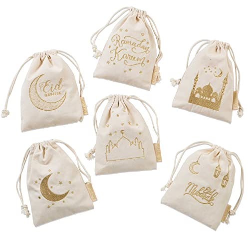 Papierdrachen 6 Geschenksäckchen zu Ramadan - aus Baumwolle - wunderschön und hochwertig Gold Bedruckt - ideal zum Verpacken von Geschenken - Größe 13x18 cm mit Zugband Set 1