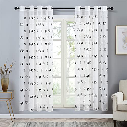 Voile Gardinen Vorhang Tüll Bestickte Gardinen Für Kinder, Für Wohnzimmer, Schlafzimmer, Weißer Voile,Schwarzer Fußball,L160*H200Cm