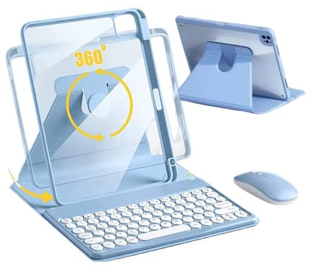 AnMengXinLing Custodia con tastiera rotante per iPad 9a/8a/7a generazione da 10,2, custodia verticale con tastiera e mouse staccabile, cover trasparente con portapenne, blu