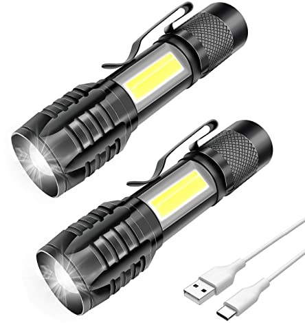 Mulin 2PZ Torcia LED Ricaricabile, Potente Professionale, 3 modalità zoomabile, COB Piccola Tascabile a LED con Magnete, IP5 Impermeabile Per Campeggio Militare, Escursioni, Emergenze|1000mA, 2PZ