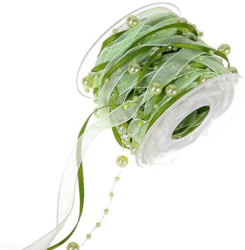 LUMoony 10M Perlengirlande mit Organza Perlengirlande Perlenkette Perlenschnur Geschenkband Schleifenband mit Perlen Deko Hochzeit Dekoband für Hochzeit Weihnachten Taufe Geburtstagsgeschenke
