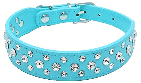 haoyueer Haustierhalsband aus PU-Leder mit Strasssteinen, Kristallen und Diamanten für Hunde, Katzen und Welpen in den Größen S, M, L und XL (M, Hellblau)