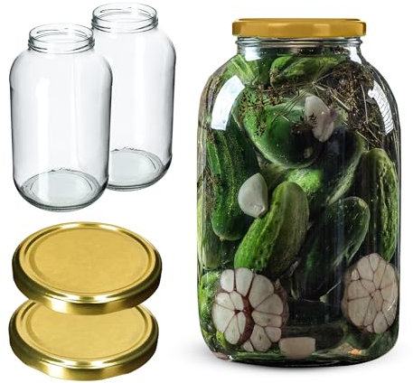 KADAX Einmachgläser 4L, Weckgläser, fi100 mm, Einmachglas zum Einlegen, Einkochgläser, Sturzglas, Konservenglas, Rundgläser, Gurkenglas, Einweckgläser (2 Stück, Gold Deckel)