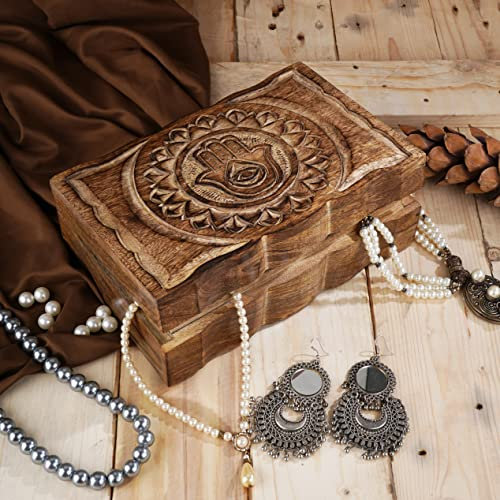 Ajuny Handgeschnitzte Dekorative Schmuck Aufbewahrungsbox aus Holz mit Hamsa Schnitzereien Mehrzweck Schmuckhalter Andenken Reiseschatztruhe Uhrenbox Tolle Geschenke, 9x6 Zoll