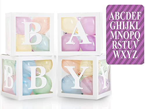 70Stück Babyparty Dekoration mit Luftballons und Buchstaben–Enthalten 32 Luftballons, 4 Durchsichtige Schachteln, 34 Buchstaben BABY*2+A-Z, Gender Reveal Party Deko, Baby Boxen Deko für Junge Mädchen