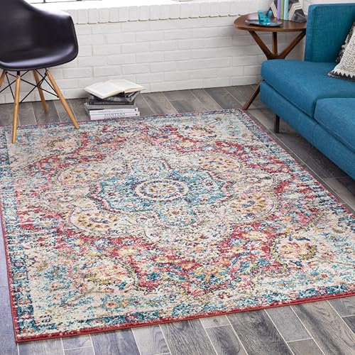 Surya Livabliss Rabat Vintage Rug - Area Rugs Living Room 160x230 cm, Dining Floor, Kitchen, Traditional Multicoloured Boho Style, Easy Care Pile, Bohemian Large Rug, Pink, Blue, Yellow, Cream