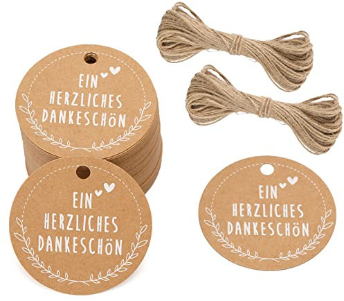 G2PLUS EIN HERZLICHENS DANKESCHÖN Geschenkanhänger, 5CM Dankeschön Geschenke Anhänger, Runden Karten Anhänger für Gastgeschenke, 100stk Braun Etiketten Anhänger mit Schnur für Dankeschön Geschenke
