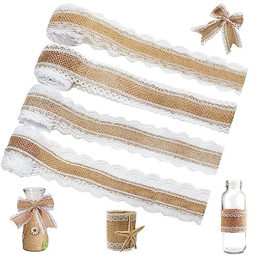 Capgoost 4 Rollen Juteband, Juteband mit Spitze, Juteband Natur, Vintage Spitzenband Weiß Hochzeitsdeko, Jute Bänder Dekoband für DIY Handwerk Weihnachten Deko Hochzeit Party Spitzenbordüre Dekoband