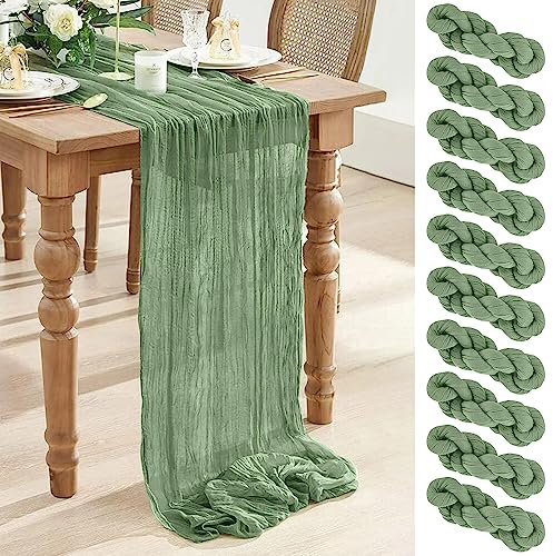 Tischläufer Grün, 10 Stück Tischläufer Salbeigrün, Grün Käsetuch Tischläufer Rustikaler Gaze Stoff Boho Cheesecloth Hochzeit Tischdecke für Hochzeit Brautparty Tischdekoration, 90 x 300 cm