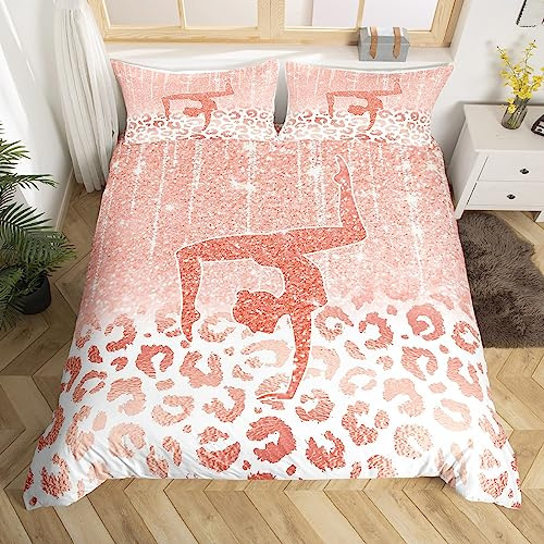 Manfei Mädchen Gymnastik Yoga Bettbezug Set S Größe,Glitter Leopard Print Bettwäsche Set Kinder Teens Frauen Zimmer Dekor,Cheerleader Tänzer Tröster Abdeckung Turner Sport Quilt Cover,1 Kissenbezug