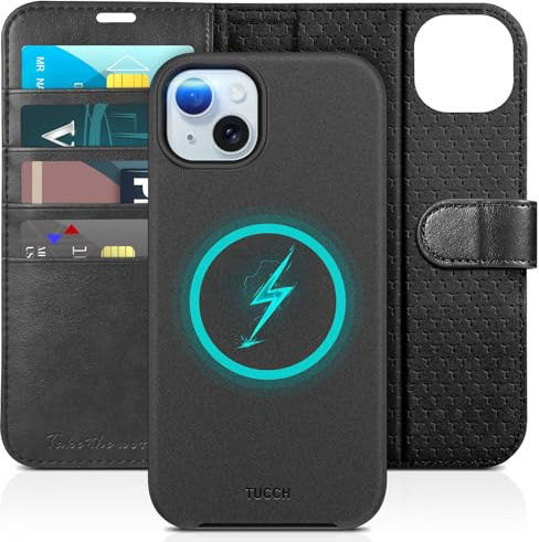TUCCH Hülle für iPhone 15 Plus, [Abnehmbar] 2-IN-1 Magnet Handyhülle [Kabelloses Laden] [Kartenfach] Klapphülle RFID Blocker Schutzhülle Kompatibel mit iPhone 15 Plus 5G 2023 (6,7 Zoll), Schwarz
