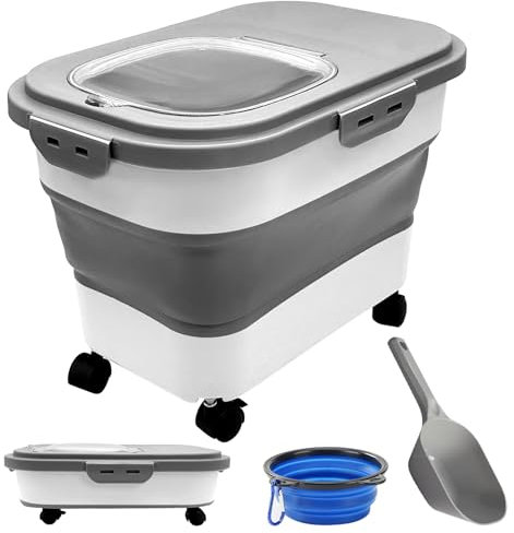 kathson Dog Cat Food Storage 20lb Folding Dog Food Bin with Lid Wheels Airtight Pet Food Storage Container with Collapsible Pet Bowl & Measuring Scoop Dry Food Seed Rice Cereal Storage Bin(Gray)