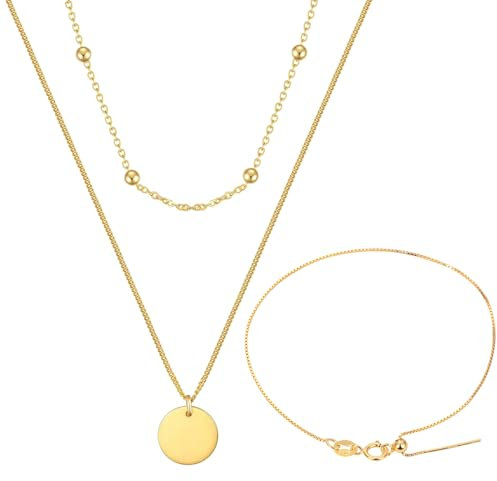 Kette Gold Damen, Kette Damen Gold Halskette Damen Gold Wasserfester Schmuck Halskette Gold Doppellagige Halskette, Goldene Kette Halskette mit Rundem Anhänger aus Edelstahl (Gold)