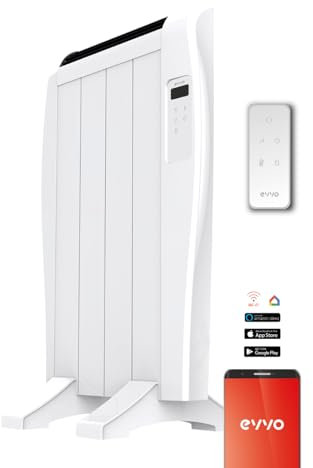 Radiador Emisor Térmico EVVO C4 Blanco, 600W, hasta 8m2, Instalación Suelo o Pared, Control por Voz, Google Home, 4 elementos, Bloqueo infantil, Wifi, Control remoto, Temporizador