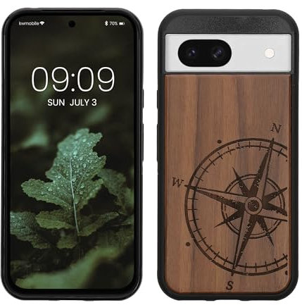 kwmobile Hülle kompatibel mit Google Pixel 8a Hülle - Holz Case - Handy Cover - TPU Handyhülle in Dunkelbraun Kompass Vintage