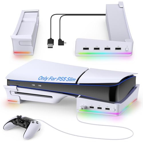 Horizontaler Ständer Nurfür PS5 Slim Pro Konsole mit 4-USB Port Hub & 14 RGB Lichtmodi, Seitenständer mit P5 Controller Lade Daten Port, Basis Halter Zubehör für Playstation 5 Disc & Digital (Weiß)