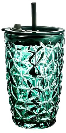 soulnioi 440ML Green Tumbler with Lid and Straw, Glass Smoothie Cups with Diamond Design, Drinking Glass for Drinking