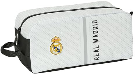 Safta Real Madrid 1ª EQUIPACIÓN 24/25 - Zapatillero Mediano, Multiusos, Portatodo, Deporte, Extraescolares, Fútbol, Cómodo y Versátil, 34x18x15 cm, Color Blanco/Gris