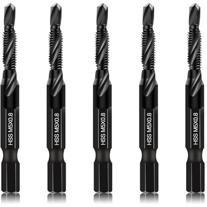 DKIBBITH Lot de 6 Forets Combinés M5 et Tarauds - Outils de Taraudage M5 x 0,8 - Revêtement Antirouille Noir - Tige Hexagonale de 6 mm - Boîte de Rangement