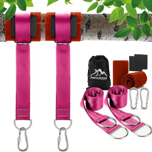 Awroutdoor Schaukel Befestigung, Hängematte Befestigung Befestigungsset Aufhängung Hängesessel Befestigung mit 2 Baumschutz Polster und 2 Premium Karabinern (Rot)