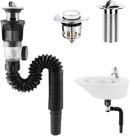 mizikuu Kit di Scarico Lavandino Bagno, Sifone Lavabo Flessibile Universale Scarico per Lavabo Con Filtro Pop-Up Tappi di Scarico Tubo Scarico Lavandino da 300-900 mm Prova di Odori e Insetti, Nero