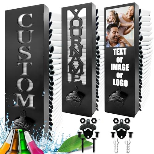 Personalised Can Cooler Holder Wall Mounted 2 in 1 Dispenser with Bottle Opener Metal Can Cooler Organizer for Beer Bottle with Name Text Photo Bar Gifts for Him Men Dad 14inch