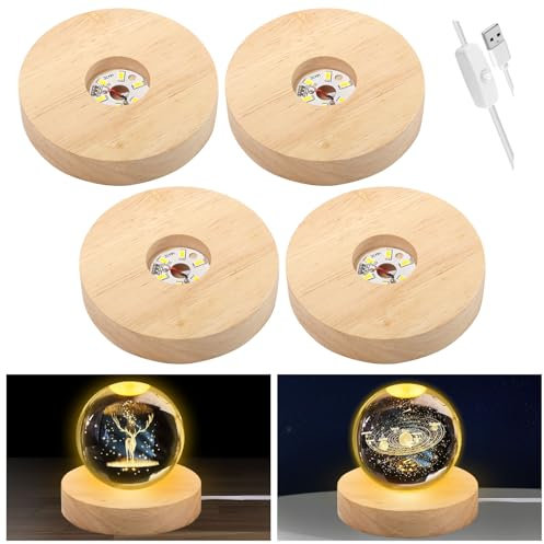 mumisuto 4 Stück Led Lichtsockel, Led Sockel Runder mit USB-Schalter, Leuchtsockel mit USB, Holz Led Lichtsockel für Kristallkugeln, Schmuck, Acryl, Glas und Harz (Warmes Licht)