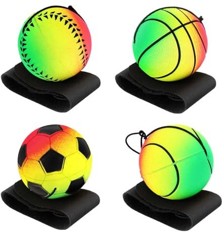 AHQiZFX 4 Stück Handgelenk Return Ball Mit Schnur, Springball, Gummi Rebound Ball, Sport Angelenkball für Kinder Erwachsene Spielen & Handgelenkübungen