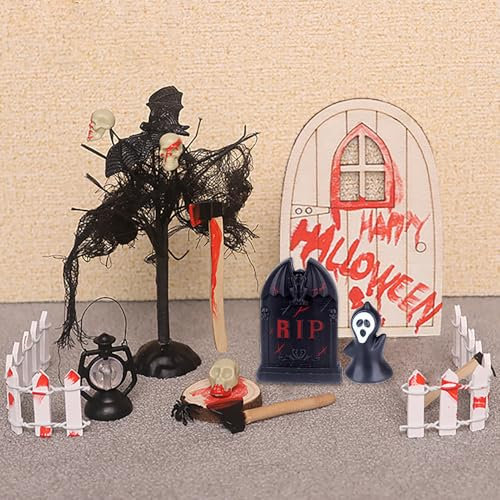 Wichtel Zubehör Halloween, Halloween Puppenhaus Dekoration, Halloween Dekoration, Miniatur Puppenhaus Set Holztür Fledermäuse Spinne Kürbis Geist Halloween Party Deko