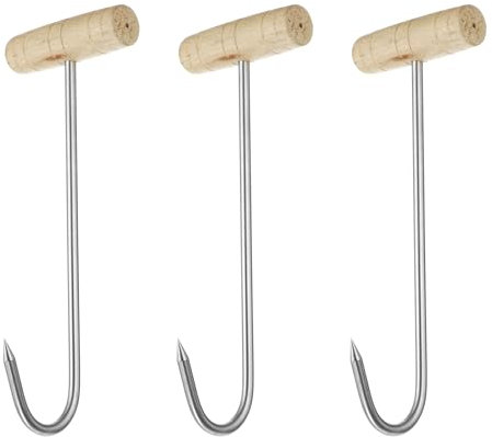 sourcing map 3 ganci a T in acciaio inox, 25,4 cm, 7,7 mm, manico a T, con manico in legno, per cucina, macelleria, ristorante, barbecue