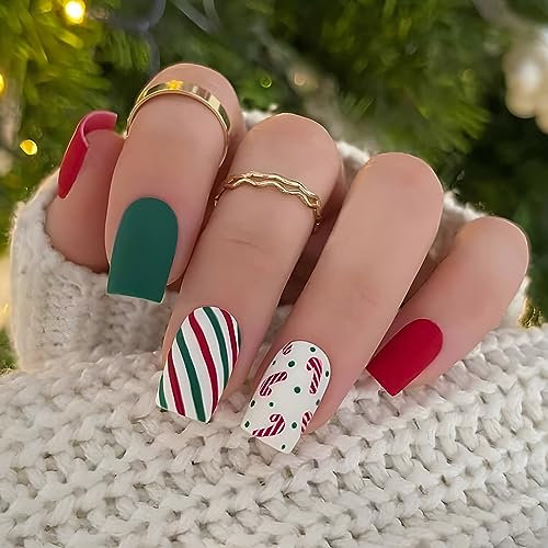 24PCS Christmas Medium False Nails with Glue Stickers,Almond Full Cover Acrylic Press on Nails no Glue,Multicolor Stripes Candy Fake Nails for Women and Girls Nail Art