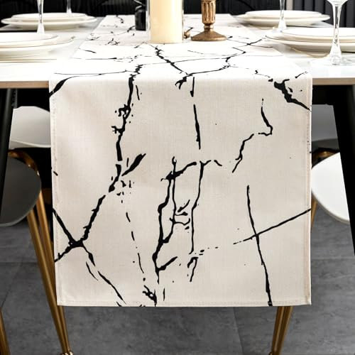 ViaElayu Tischläufer Modern Weiß Schwarz Marmor Textur Abstrakte Abwaschbar Outdoor Frühling Landhausstil Vintage Bauernhaus Rechteckige Tischdecke Küche Tisch Läufer Party Deko 33x183 cm