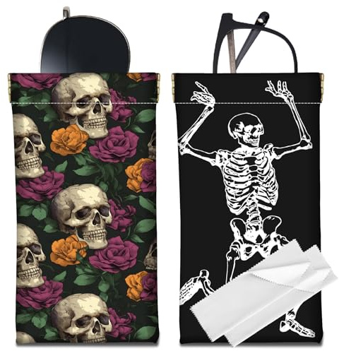 CREATCABIN 2 Stück Sonnenbrillenetui Leder Tragbar Schmal Weiche Brillentasche Totenkopf Rosen Motiv Quetschverschluss Brillenhalter Reisetasche Wasserdicht Reinigungstuch Geschenk Für Urlaub 18x9cm