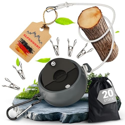 ALPENWERT® Corde à linge robuste extensible - 10 m - Corde à linge de voyage et de camping - Avec 20 pinces en acier inoxydable - Pour camping-car, vanlife et sac à dos
