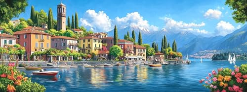 Bimkole Groß 5D Diamond Painting Kits Zubehör Seeuferstadt, Landschaft Diamant Malerei Kit Voll Runde Bohrer Malen nach Zahlen Malerei Stickerei Kreuzstich Diamond Dekoration 30x80 cm