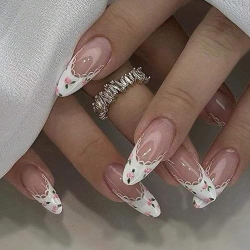 Kotkiddy 24 Stück Französische Spitzen Aufkleber Nägel Mittel Mandeln Falsche Nägel Blumen und Spitze Acrylnägel Spitze Falsche Nägel Glänzende Kunstnägel