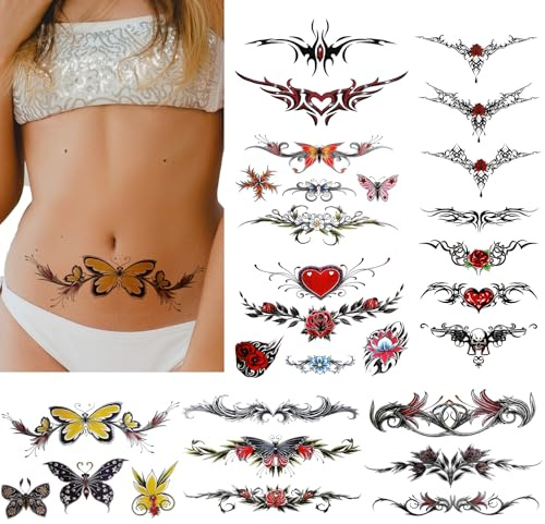 8 Sheets Belly Tattoos Stickers - Sexy Temporary Tattoos for Women - Waterproof Body Art for Adults