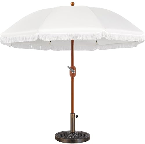 Yaheetech Set di Ombrellone da Spiaggia Giardino con Frange e Base per Ombrellone Basamento Rotondo da 13,7 kg in Resina e Ferro con Parasole Impermeabile Inclinabile Crema Anti UV