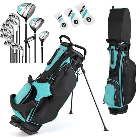 GYMAX Golf Clubs for Men Women, 12PCS Right Handed Complete Golf Set - 3 Woods (#1#3#5), 5 Irons (#5#6#7#8#9), Sand/Pitching Wedge, Putter, 3 Head Covers, Rain Hood & Stand Bag