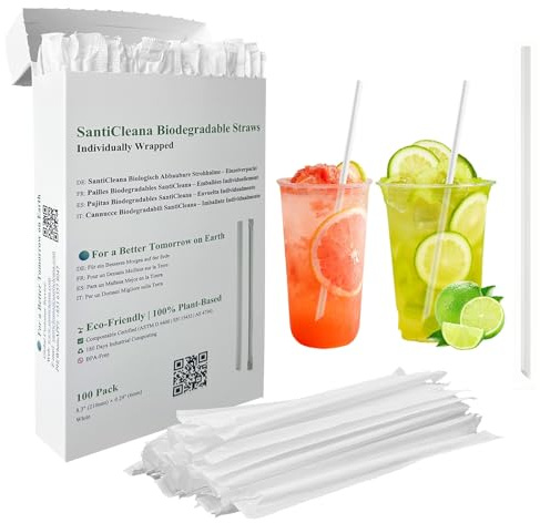 SantiCleana Lot de 100 pailles biodégradables emballées individuellement, compostables, sans BPA, sans danger pour les boissons froides et chaudes (-10 ℃ à 85 ℃) Blanc 21 x 0,6 cm
