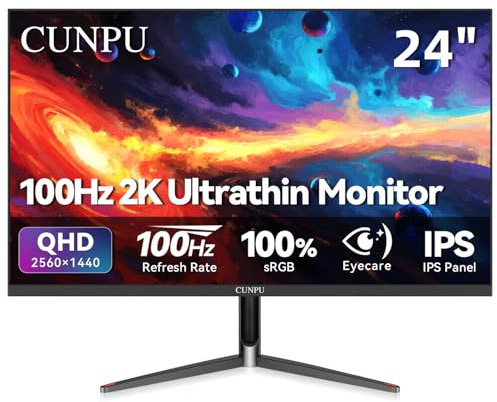 CUNPU Monitor 1440P de 24 pulgadas, monitor IPS QHD de 100 Hz, gama de colores sRGB, 16.7 millones de colores, sincronización adaptativa, marco delgado, HDMI/DP, montaje VESA, para juegos y oficina