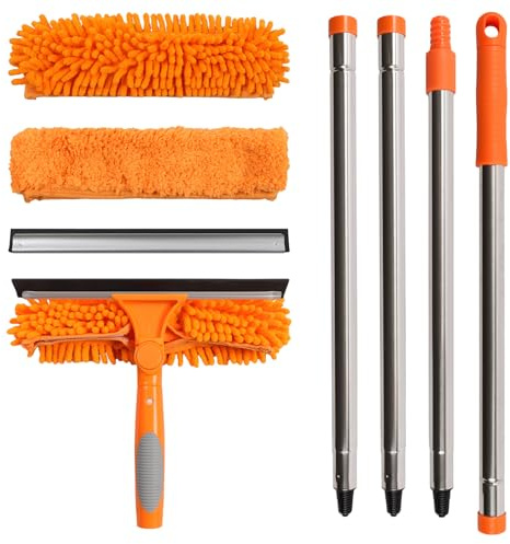 Terafeels 170 cm Limpia Cristales Ventanas 2 en 1 con Mango Extensible, Limpia Cristales Limpiador de Ventanas con 2 Raspadores de Silicona & Paños de Microfibra (Naranja)