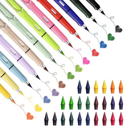Rwbimti Ewiger Bleistift, 12 Stück Swify zauberbleistift mit 24 Stück Wechselköpfen, Bunter Tintenloser Buntstifte mit Radiergummi, Unendlicher Pencil für Erwachsene, Studenten und Künstler